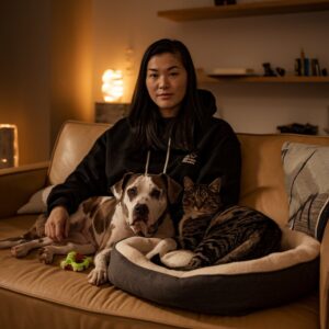 Rescue dog and resident cat cautiously sharing living space, with the dog maintaining respectful distance during early introduction phase