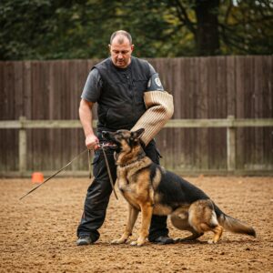 German Shepherd rescue dog focused during professional training session, learning commands with trainer
