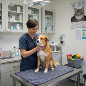 Rescue dog at veterinary examination with concerned expression as vet performs health check-up