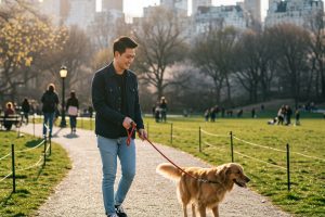 Man walking a smiling golden retriever on leash along a tree-lined path in Central Park NYC