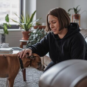 New owner bonding with recently adopted rescue dog in small NYC apartment