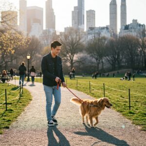 Man walking a smiling golden retriever on leash along a tree-lined path in Central Park NYC