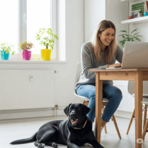 woman on laptop with a dog next to her